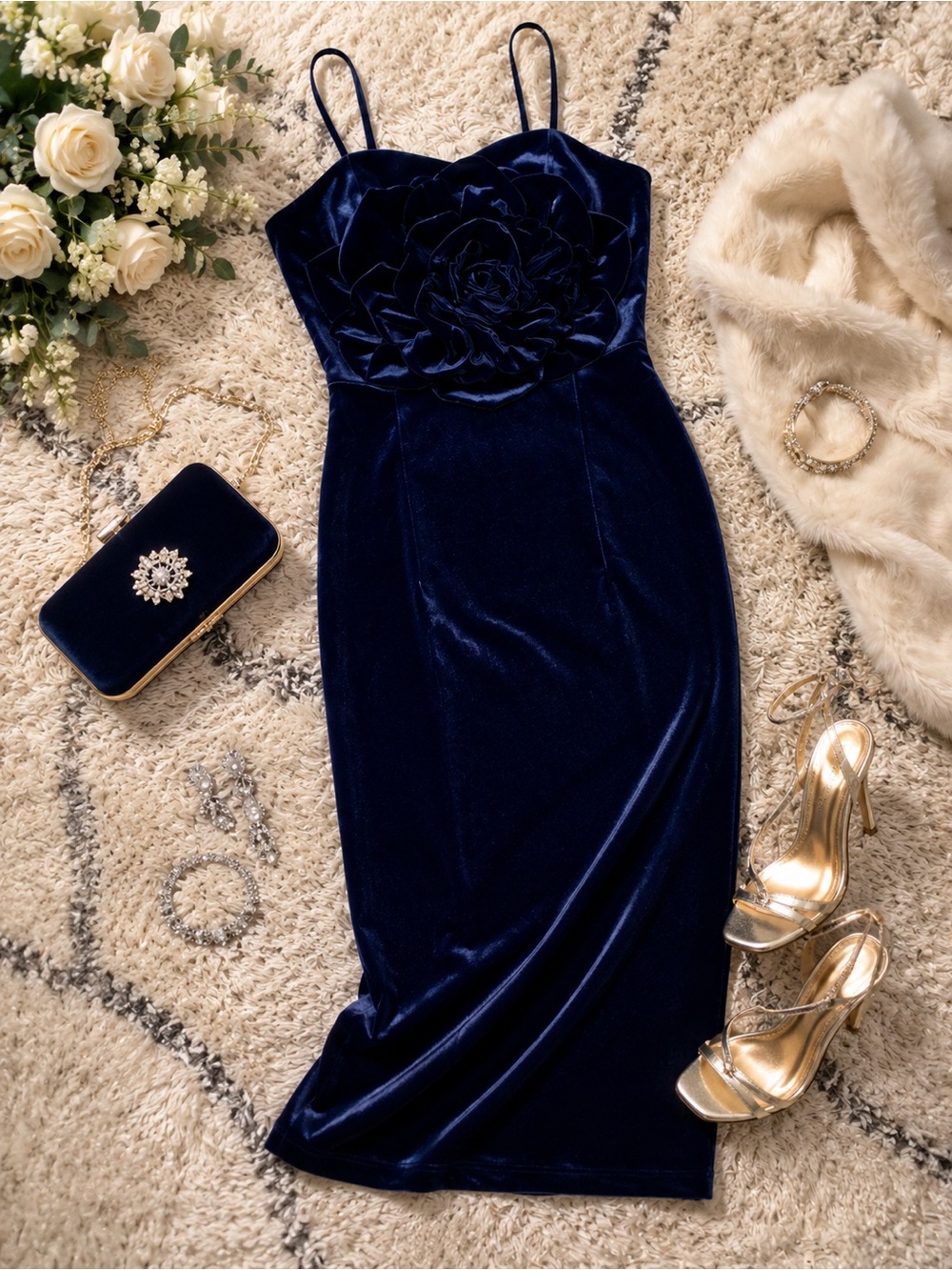 Betsy & Adam Navy Blue Velvet Rosette Cocktail Midi Dress NWT Size 4 Cocktail
